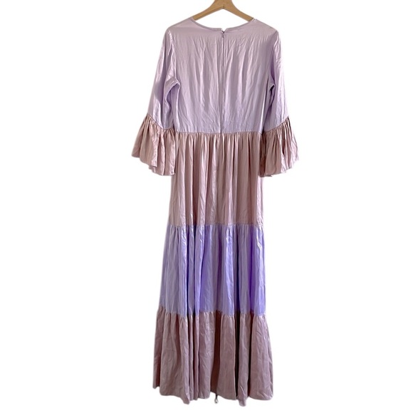 Soler Pia Gathered Tier Maxi Dress Women’s Size Medium 100% Silk Pink Purple - Picture 2 of 11